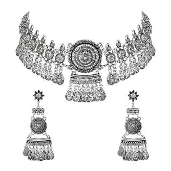 silver oxidised traditional afghani choker necklace jewellery set with earrings  2