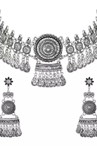silver oxidised traditional afghani choker necklace jewellery set with earrings 