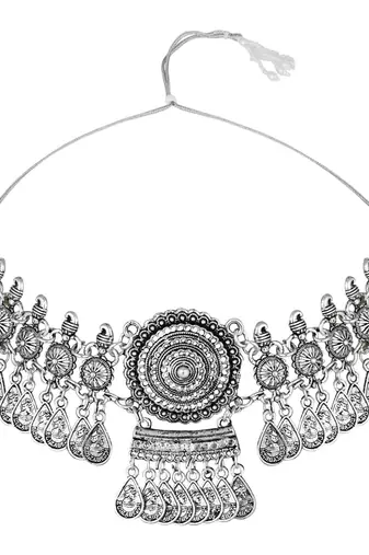 silver oxidised traditional afghani choker necklace jewellery set with earrings 