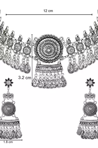 silver oxidised traditional afghani choker necklace jewellery set with earrings 