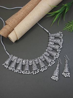 I jewels ethnic stylish silver oxidised afghani ghungroo choker necklace jewellery set with earrings  1