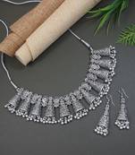 I jewels ethnic stylish silver oxidised afghani ghungroo choker necklace jewellery set with earrings 
