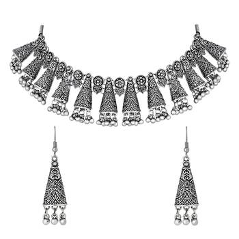 I jewels ethnic stylish silver oxidised afghani ghungroo choker necklace jewellery set with earrings  2