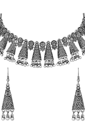 I jewels ethnic stylish silver oxidised afghani ghungroo choker necklace jewellery set with earrings 