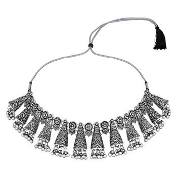 I jewels ethnic stylish silver oxidised afghani ghungroo choker necklace jewellery set with earrings  3