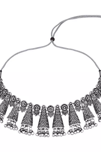 I jewels ethnic stylish silver oxidised afghani ghungroo choker necklace jewellery set with earrings 