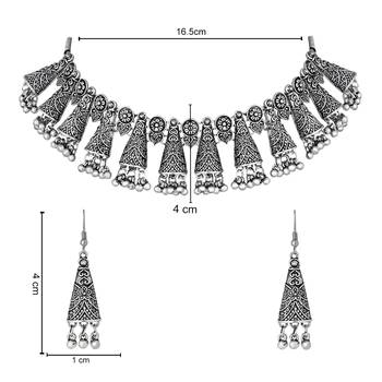 I jewels ethnic stylish silver oxidised afghani ghungroo choker necklace jewellery set with earrings  5
