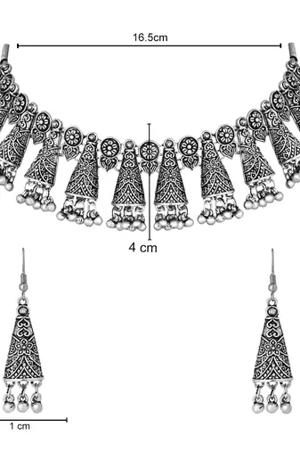 I jewels ethnic stylish silver oxidised afghani ghungroo choker necklace jewellery set with earrings 