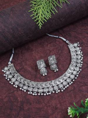 I jewels ethnic stylish boho silver oxidised afghani ghungroo choker necklace jewellery set with earrings (mc194ox) 1