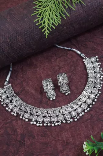 I jewels ethnic stylish boho silver oxidised afghani ghungroo choker necklace jewellery set with earrings (mc194ox)