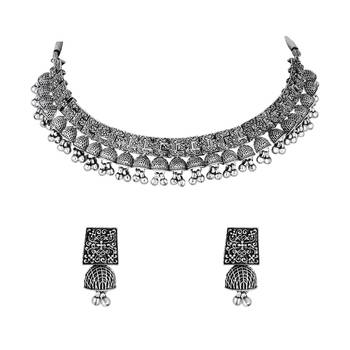 I jewels ethnic stylish boho silver oxidised afghani ghungroo choker necklace jewellery set with earrings (mc194ox) 2