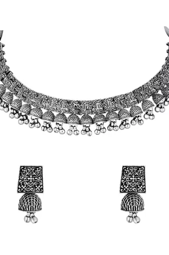 I jewels ethnic stylish boho silver oxidised afghani ghungroo choker necklace jewellery set with earrings (mc194ox)