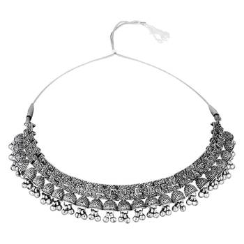 I jewels ethnic stylish boho silver oxidised afghani ghungroo choker necklace jewellery set with earrings (mc194ox) 3