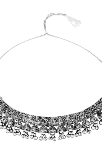I jewels ethnic stylish boho silver oxidised afghani ghungroo choker necklace jewellery set with earrings (mc194ox)