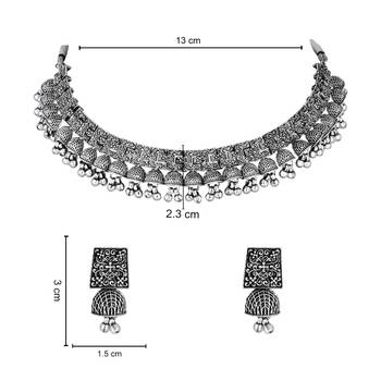 I jewels ethnic stylish boho silver oxidised afghani ghungroo choker necklace jewellery set with earrings (mc194ox) 5