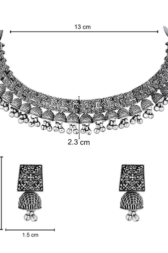I jewels ethnic stylish boho silver oxidised afghani ghungroo choker necklace jewellery set with earrings (mc194ox)