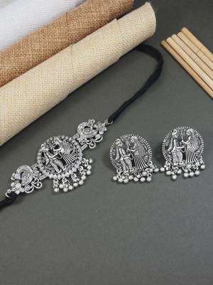 classic german silver oxidised afghani choker necklace jewellery set with earrings  1