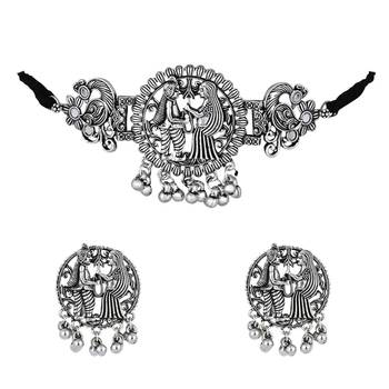 classic german silver oxidised afghani choker necklace jewellery set with earrings  2
