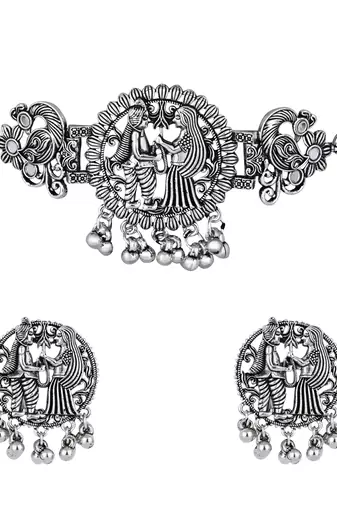 classic german silver oxidised afghani choker necklace jewellery set with earrings 