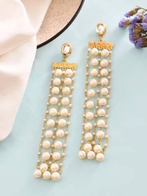 Gold-plated brass & pearl long drop earring 2