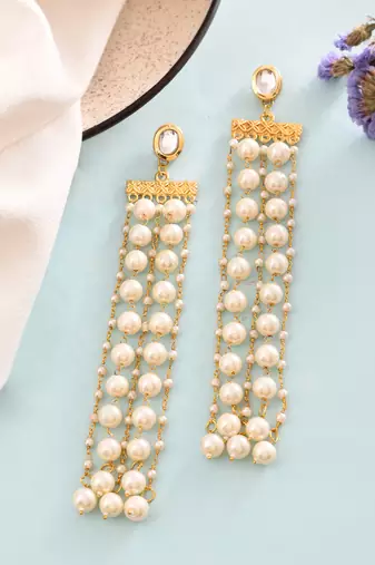 Gold-plated brass & pearl long drop earring
