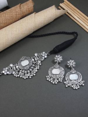 classic german silver oxidised afghani mirror work choker necklace jewellery set with earrings  1