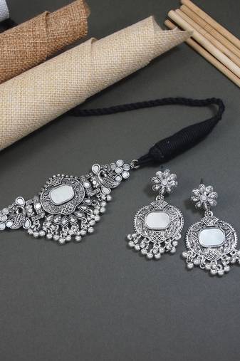 classic german silver oxidised afghani mirror work choker necklace jewellery set with earrings 