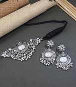 classic german silver oxidised afghani mirror work choker necklace jewellery set with earrings 