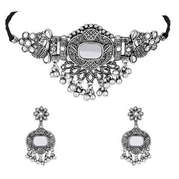 classic german silver oxidised afghani mirror work choker necklace jewellery set with earrings  2