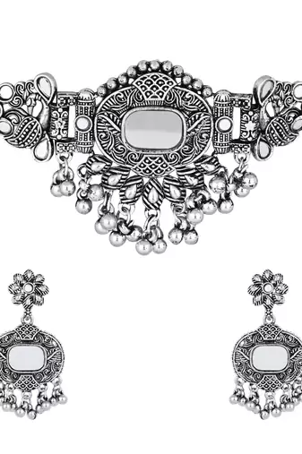 classic german silver oxidised afghani mirror work choker necklace jewellery set with earrings 