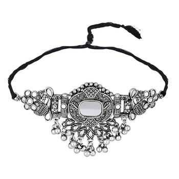 classic german silver oxidised afghani mirror work choker necklace jewellery set with earrings  3