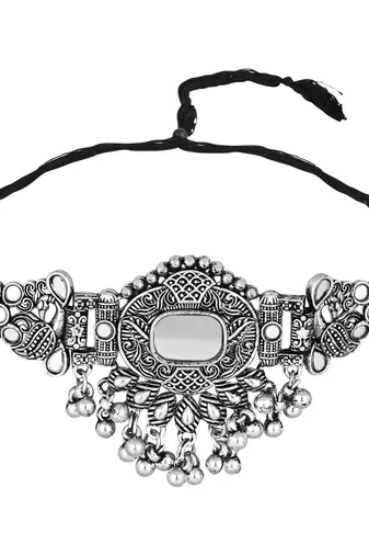 classic german silver oxidised afghani mirror work choker necklace jewellery set with earrings 