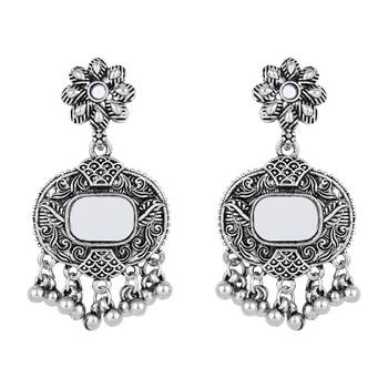 classic german silver oxidised afghani mirror work choker necklace jewellery set with earrings  4