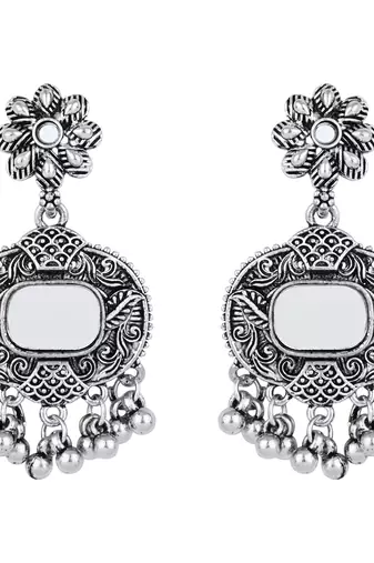 classic german silver oxidised afghani mirror work choker necklace jewellery set with earrings 