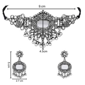 classic german silver oxidised afghani mirror work choker necklace jewellery set with earrings  5