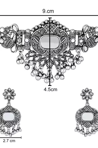 classic german silver oxidised afghani mirror work choker necklace jewellery set with earrings 
