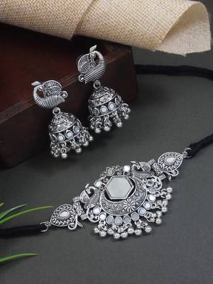 classic german silver oxidised afghani mirror work choker necklace jewellery set with earrings  1