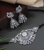 classic german silver oxidised afghani mirror work choker necklace jewellery set with earrings 