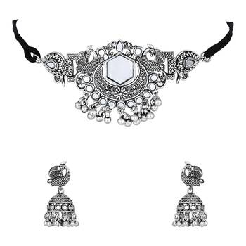 classic german silver oxidised afghani mirror work choker necklace jewellery set with earrings  2