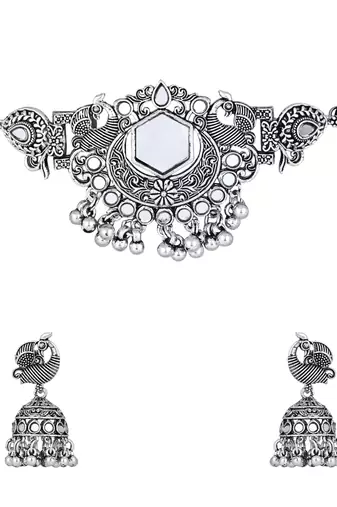 classic german silver oxidised afghani mirror work choker necklace jewellery set with earrings 
