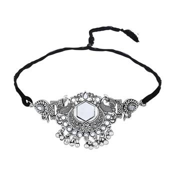 classic german silver oxidised afghani mirror work choker necklace jewellery set with earrings  3