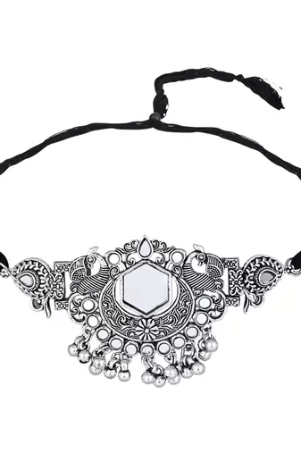 classic german silver oxidised afghani mirror work choker necklace jewellery set with earrings 