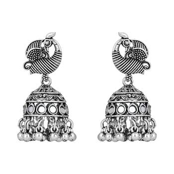 classic german silver oxidised afghani mirror work choker necklace jewellery set with earrings  4