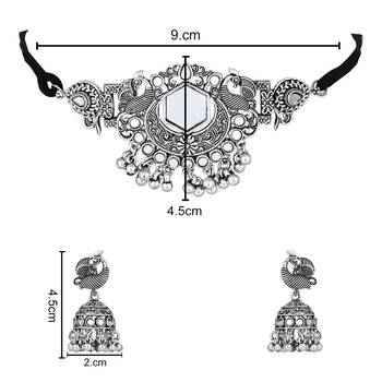 classic german silver oxidised afghani mirror work choker necklace jewellery set with earrings  5