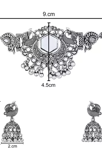 classic german silver oxidised afghani mirror work choker necklace jewellery set with earrings 
