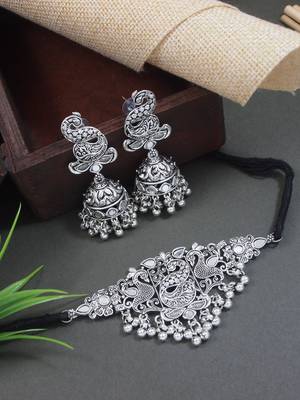 ethnic silver oxidised peacock design ghungroo necklace jewellery set with earrings  1