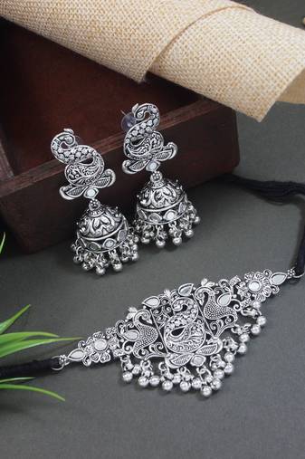 ethnic silver oxidised peacock design ghungroo necklace jewellery set with earrings 