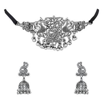 ethnic silver oxidised peacock design ghungroo necklace jewellery set with earrings  2