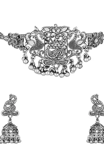 ethnic silver oxidised peacock design ghungroo necklace jewellery set with earrings 