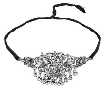 ethnic silver oxidised peacock design ghungroo necklace jewellery set with earrings  3